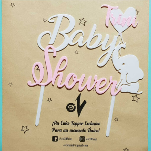 Cake topper personalizado con un nombre y dos colores, para decorar el pastel del baby shower.