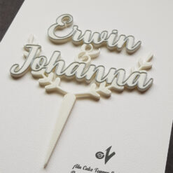 Cake topper para pastel de boda con nombre de los novios Erwin y Johanna - Diseño en dos colores y bordes en el texto. Vista desde abajo.